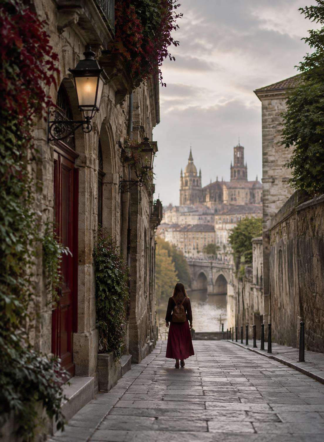 A traveler moving through a quiet architectural city street