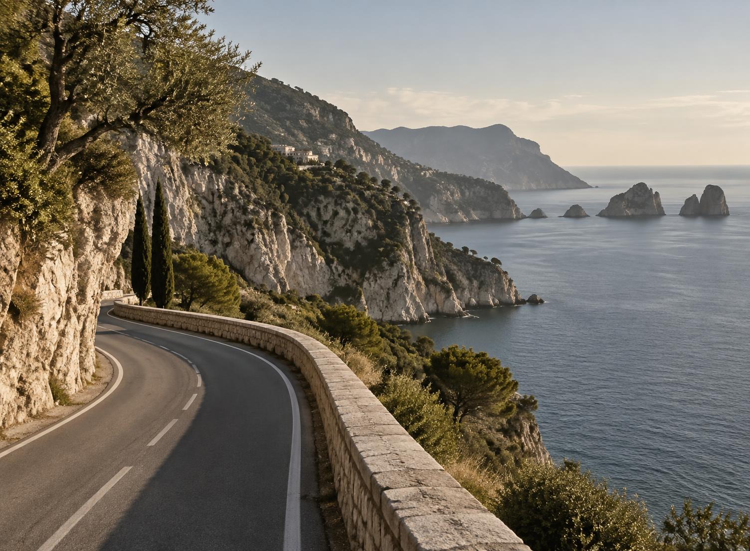 A quiet coastal road following pale cliffs beside the sea